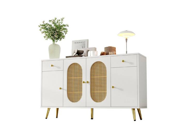 Refined Living Sideboard Kommode Sideboard 140 cm, 4 Türen, 2 Schubladen, viel Stauraum (Kompaktes Möbelstück, B140 x T35 x H82 cm, Weiß + Naturholzoptik, 1 St., Kommode / Anrichte, Verstellbare Regalböden, Verstellbare Regalböden), Stauraummöbel, Wohnzimmer, Flur, Feuchtigkeitsschutz, Einfache Montage