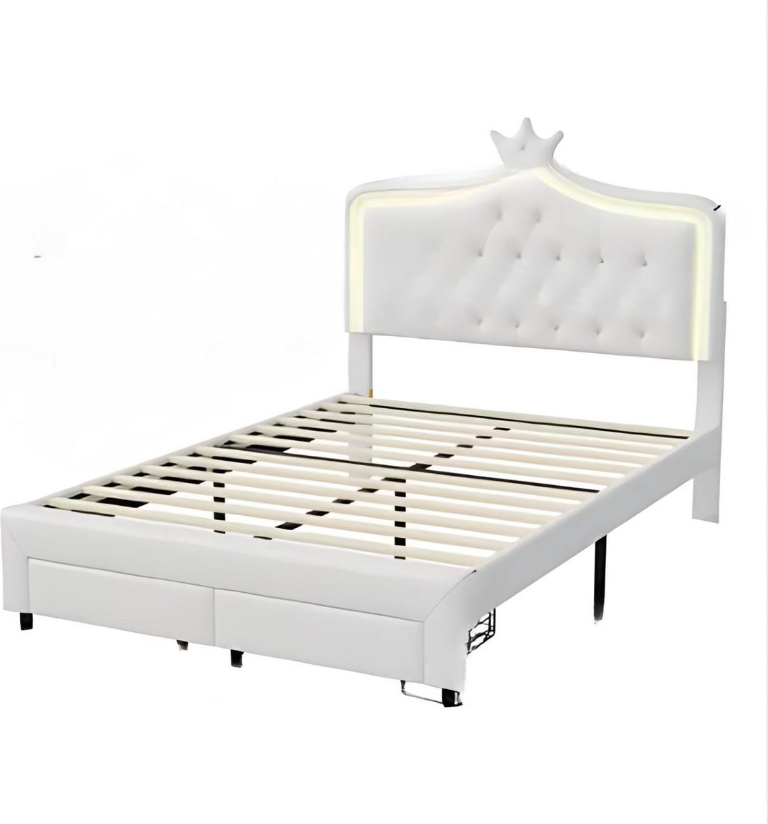 Kinderbett für Mädchen - 140x200cm - Gepolstertes Bett mit 2 Schubladen - LED-Beleuchtung & Rückenlehne - Lattenrost - Twijfelaar