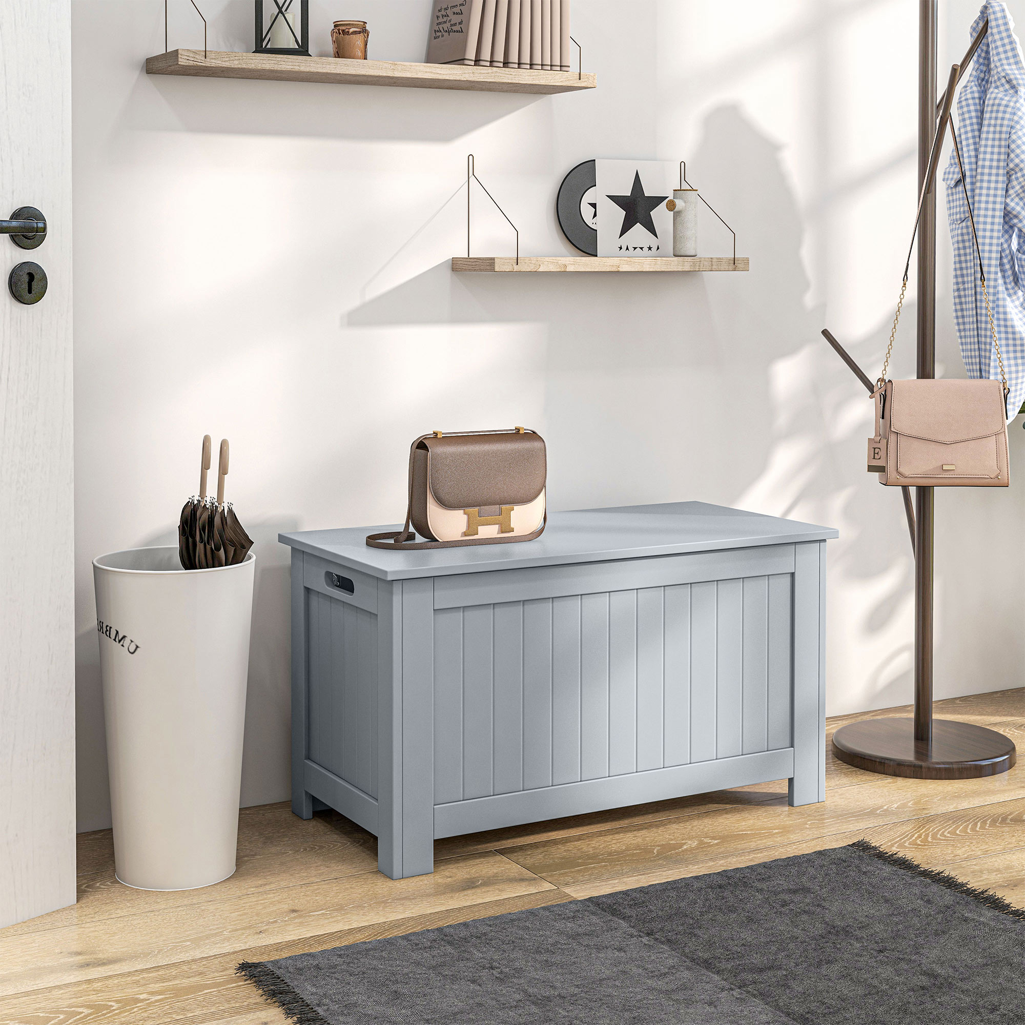 Homcom Contenitore Multiuso con cerniere di sicurezza e 2 maniglie laterali, Baule portaoggetti in legno, 81 x 40 x 46 cm, grigio   Aosom Italy