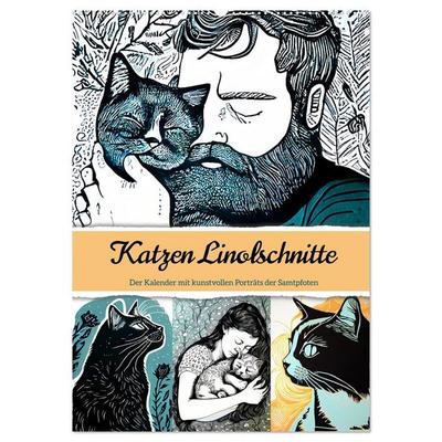Katzen Linolschnitt - Der Kalender mit kunstvollen Porträts der Samtpfoten (Wandkalender 2026 DIN A2 hoch), CALVENDO Monatskalender