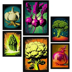 POSTER Set Mit 6 Kraftvolles Gemüse Vollfarbige Plakate Von Obst, Gemüse Und Gesunden Lebensmitteln Im Urban Art Stil A3 & A4 Schwarzer Rahmen