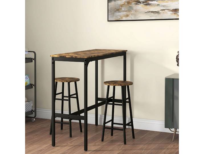 HOMCOM Ensemble Bar 2 Personnes Table et Tabourets Acier Bois Noir