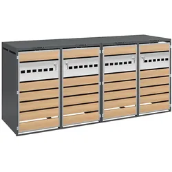 OKWISH Mülltonnenbox aus verzinktem Stahl in Grau-Holzoptik, 4 Fächer, abschließbar, mit hydraulischem Klappdeckel