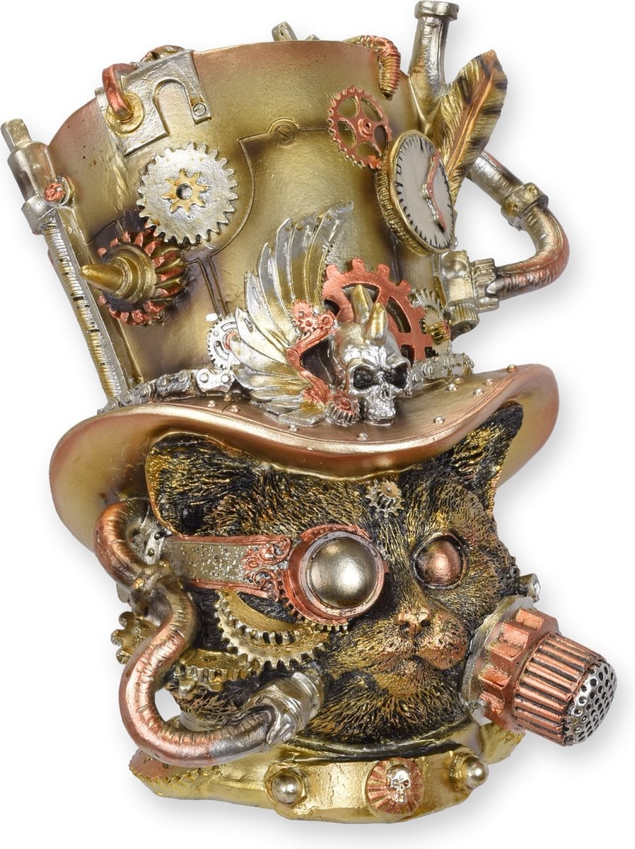 Steampunk Cathead resin beeld voor op tafel, 21,1 cm hoog