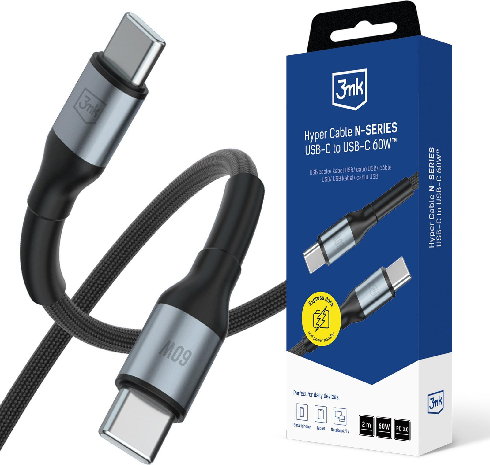 3Mk Hyper Cable N-serie USB-C naar USB-C, 2 m, 60 W, zwart