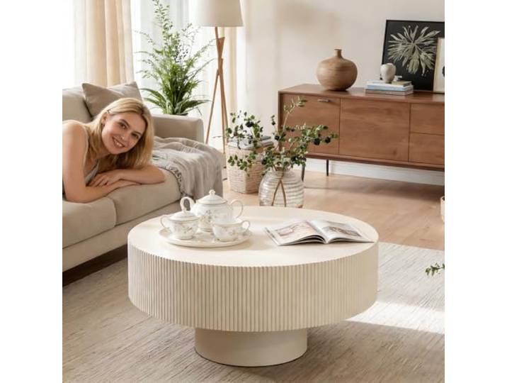 FeiZhiYanS Runder, geriffelter Couchtisch aus Massivholzfurnier Mid-Century-Modern-Boho-Stil, Für Wohnzimmer, Kleine Wohnung