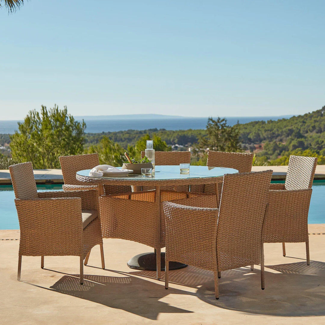 Lark Manor Dubose 6 - Person Patio Dining Set Umbrella Hole Included Round Table with Cushions Included Brown 6