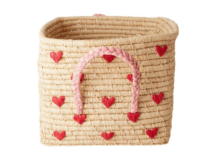 RICE Panier en raphia avec poignée Rice 30x30 cm Red hearts
