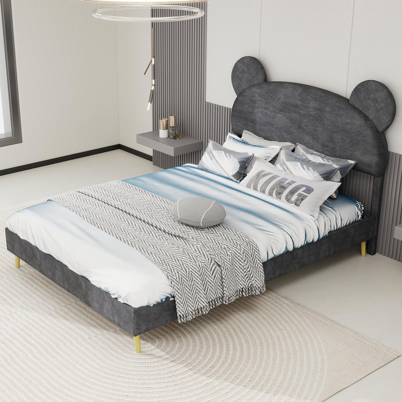 MODFU Einzelbett 140x200 mit Matratze Cartoon-Form-Polsterbett Bettgestell aus strapazierfähigem Density Fibreboard,Bettrahmen mit weichem Kopfteil,ohne Gasfeder,Grau