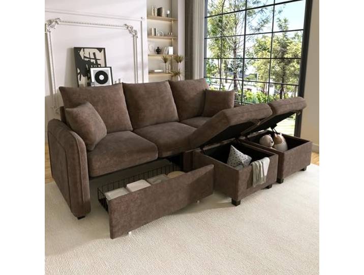 Merax Modulares 3-Sitzer Sofa-Set, Ecksofa in L-Form & U-Form mit 2 Stauraum-Hockern, Couch mit 2 Schubladen, Flexibel kombinierbare Wohnlandschaft aus Chenille, Antikbraun