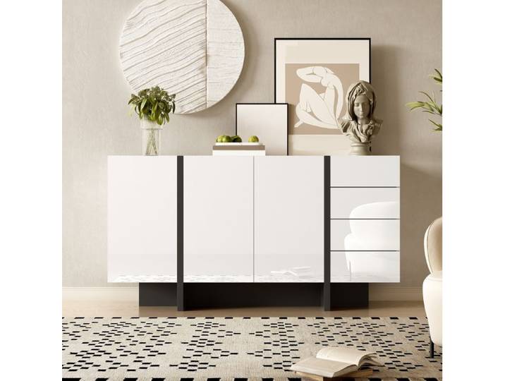 WOVREO Buffet bas 150 x 40 x 80 cm blanc brillant et noir 2 portes 4 tiroirs