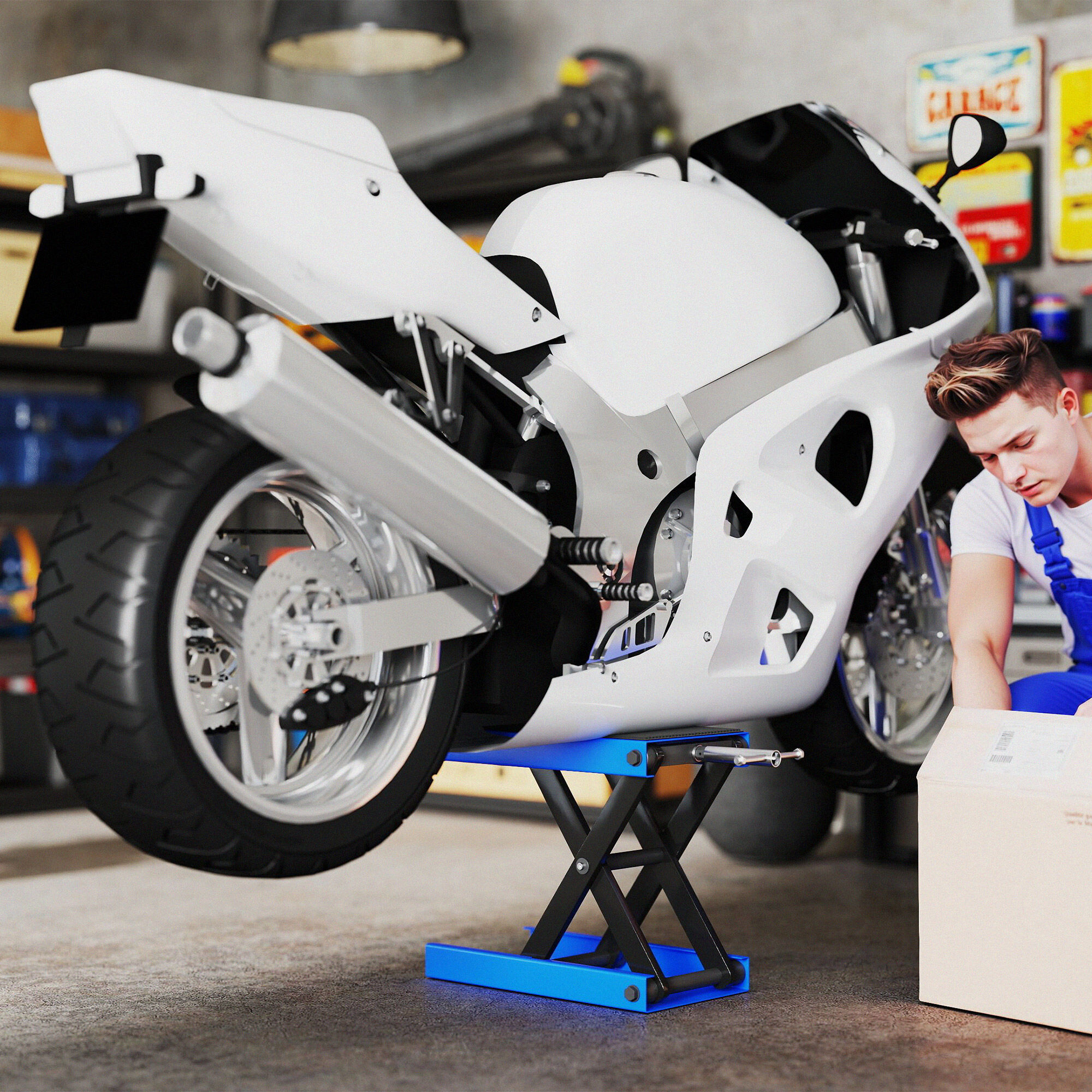 Altro Cavalletto Alzamoto Pieghevole E Antiscivolo In Acciaio E Gomma, 48x22.5x10-37 Cm, Blu E Nero