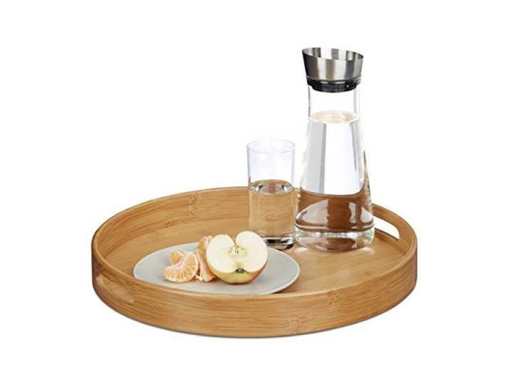 Relaxdays 10020235 Plateau de service rond en bambou plateau repas transport poignées HxlxP: 5 x 38\,5 x 38\,5 cm apéritif bois\, nature