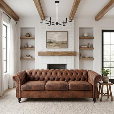"GDFStudio - 84.65"" Classic Rolled Arm 3-Seater Chesterfield Sofa with Elegant Buckle Detailing"
