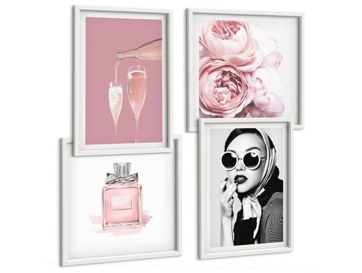 BILDER SET 4er Set - 50x50 cm & 40x60 cm Weißer Rahmen - Stilvolle pinkfarbene Accessoires