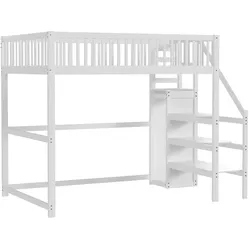 OKWISH Hochbett 140x200 Massivholz Kiefer bett mit Sicherheitsleiter Stauraum Regale Schlafebene Aktivitätsbereich Weiß