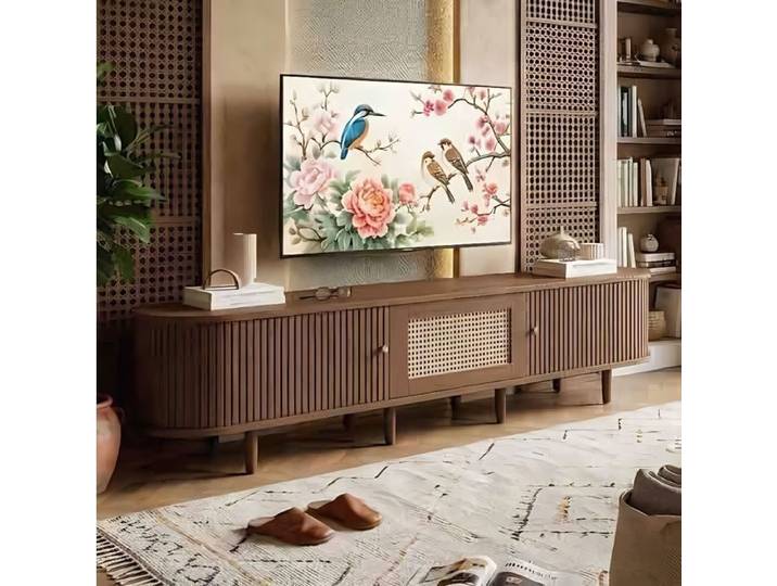 Meuble TV 180cm - Design Oval & Tiroirs en rotin - Portes Coulissantes - MDF Noyer Foncé