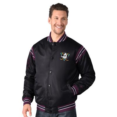 Bomberjacke STARTER "Starter Jacke Anaheim Ducks Starter Satin Varsity", Damen, Gr. M, schwarz, Popeline;Jersey, 100% Polyester, Jacken Bomberjacke