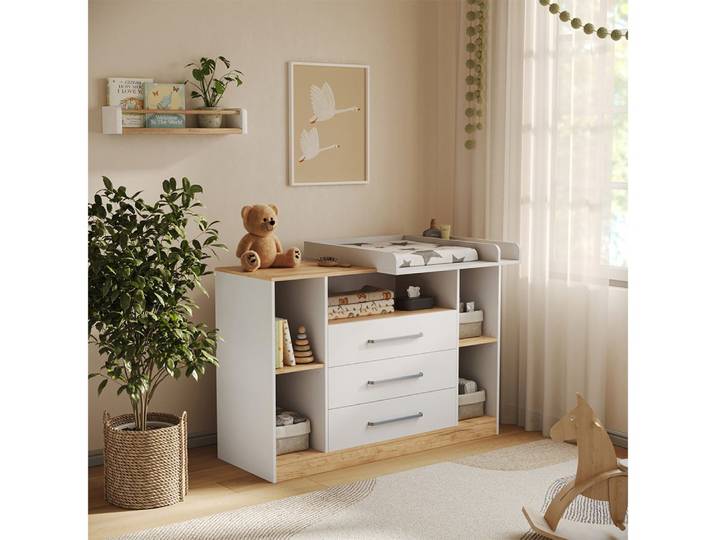 Vicco Wickelkommode Olina, Weiß/Goldkraft Eiche, 138.3 x 93 cm