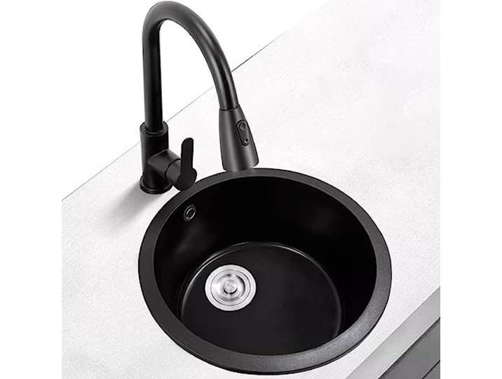 Schwarzes, rundes Spülbecken mit Wasserhahn, Küchenspüle aus Quarzstein, Barspüle, Unterbauspüle, ausziehbarer Wasserhahn, Zubehör im Lieferumfang enthalten (Größe: 38 cm)