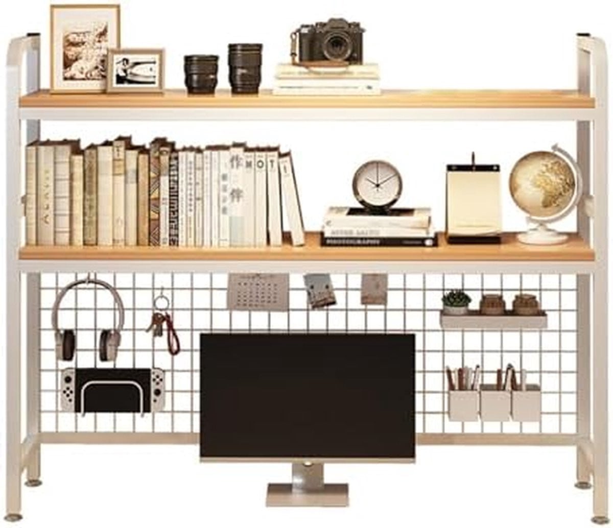 Wit bureauplank met twee lagen opbergrek voor je bureau organiseren, Breedte: 115 cm