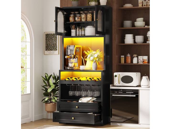 Buffet haut vitrine AESVAR 70 x 40 x 180 cm avec LED par application portes vitrées cintrées noir