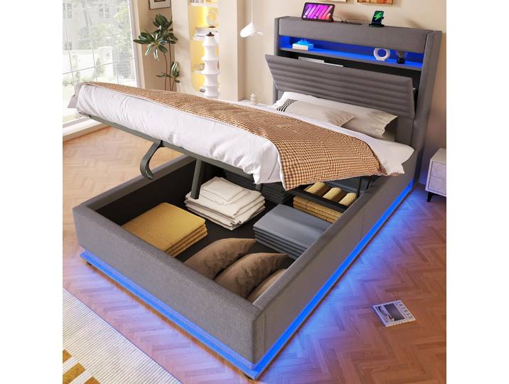 STILVORA Polsterbett 90x200 cm mit USB Typ-C Ladefunktion, Stauraumbett mit LED-Beleuchtung, Schlafbett mit hydraulischer Lagerung und Flip-Top-Aufbewahrungsfach, Drucktaste/App-Steuerung, Grau