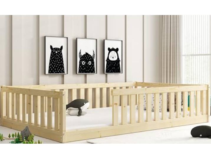 Interbeds Bodenbett Bella120x200 mit Rausfallschutz & Lattenrost Kinderbett aus Holz Einzelbett Montessori bed Gitterbett Kleinkindbett bis 120 kg Kiefer Holz massiv Junge Mädchen (Naturholz, 120x200)