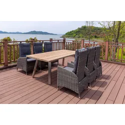 OUTFLEXX Garten-Essgruppe, Edelstahl/recyceltes Teak, Tisch 220x100 cm, 6 Hochlehner- Diningsessel, A-Gestell, FSC®-zertifiziertes Produkt