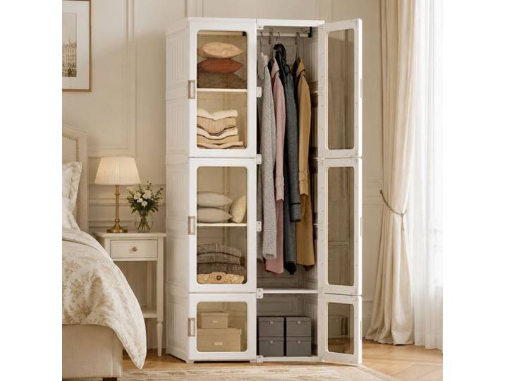 Armoire Portable Pliable SORVAGLOS Armoire de Rangement pour Chambre 1 Tringle 6 Portes Plastique Résine 170x69x50 cm Blanc