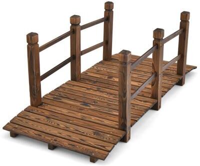 Costway 5 Feet Wooden Garden Bridge with Safety Rails-Brown