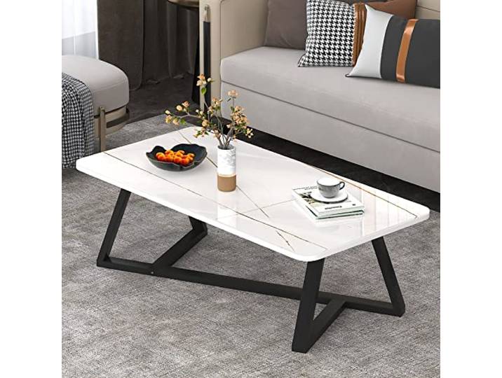 Couchtisch aus Glas, moderner rechteckiger Couchtisch & Beistelltisch aus Kunstmarmor mit schwarzem Metall-Basisrahmen, moderne Wohnzimmer-Tisch-Sets für Wohnung, kleiner Raum