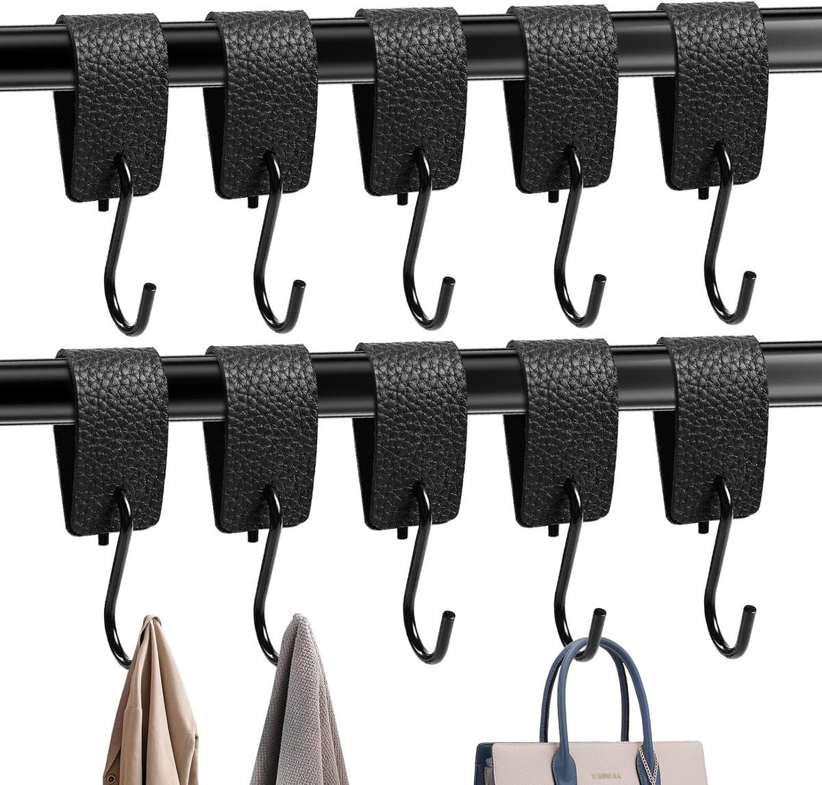 SnelShoppen Pack van 10 Zwarte S-Haken met Leren Lus voor Kleding, Keuken en Camping