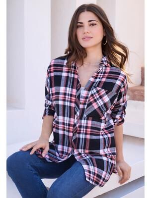 Plus Size Women's Plaid Flannel Tunic by Roaman's in Black Coral Plaid (Size 32 W) Plaid Shirt