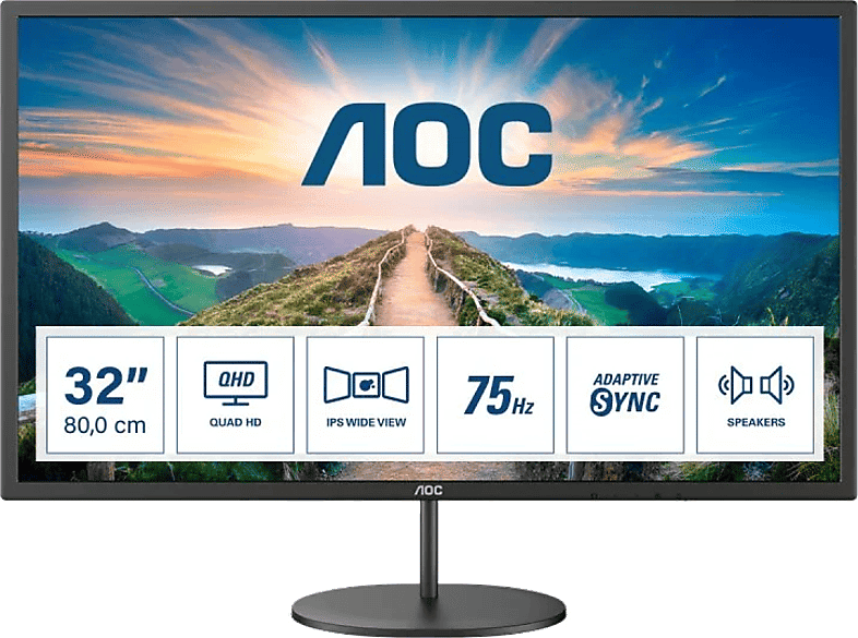 Monitor - AOC Q32V4, 32 ", QHD, 4 ms, 75 Hz, DisplayPort, HDMI, Altavoces Integrados, Negro