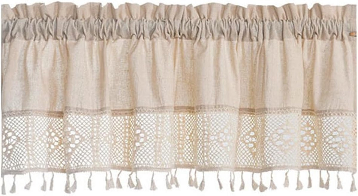Beige Boho Bistrogordijn van Kant met Haakjes, Vintage Breigordijn voor Keuken of Woonkamer, 132 x 46 cm