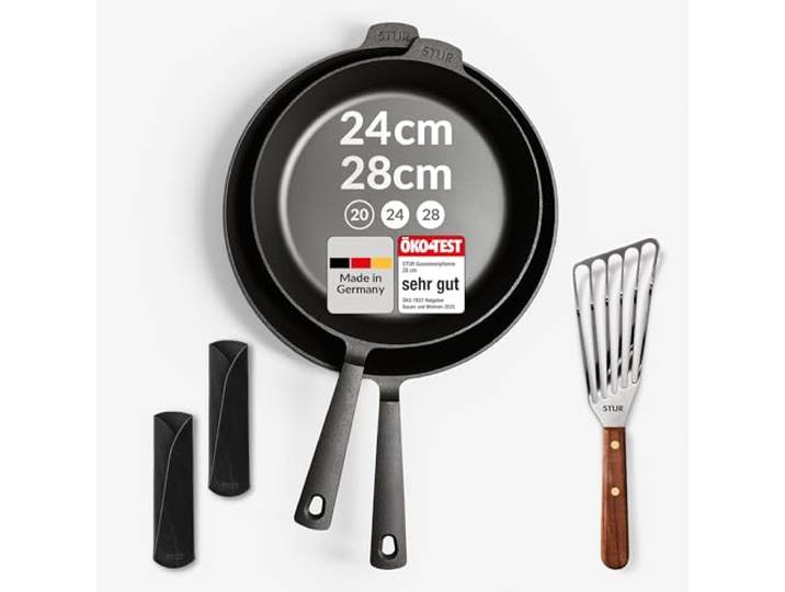 STUR - ORIGINAL PREMIUM-Set Gusseisenpfanne Induktion 24cm & 28cm inkl. 2x Echtleder Griffschutz, Pfannenwender - Cast Iron Pan Set für alle Herdarten, Kratzfeste Pfanne Gusseisen mit PREMIUM Zubehör