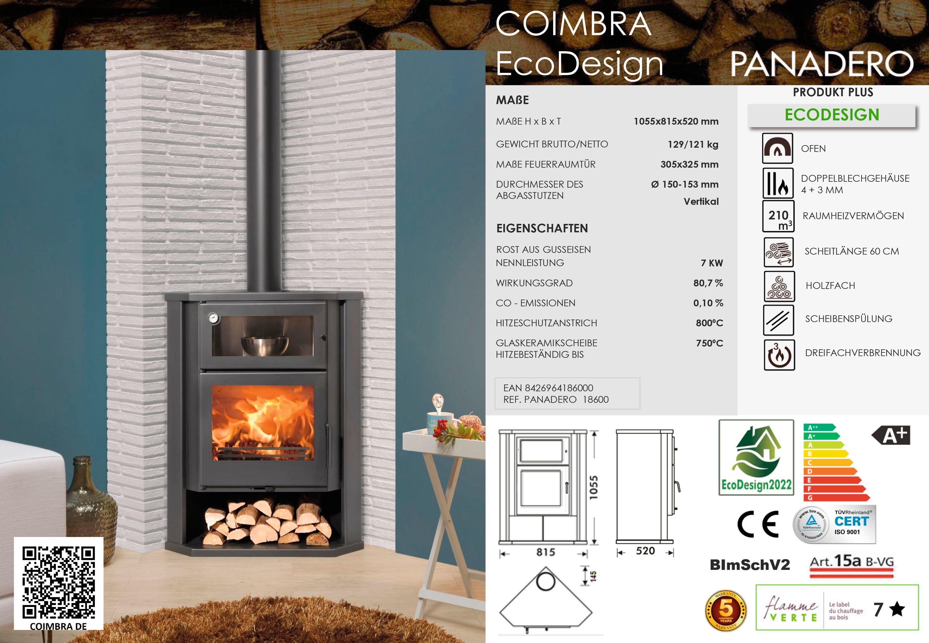 Kaminofen PANADERO "Kaminofen Coimbra Ecodesign", schwarz, Kaminöfen