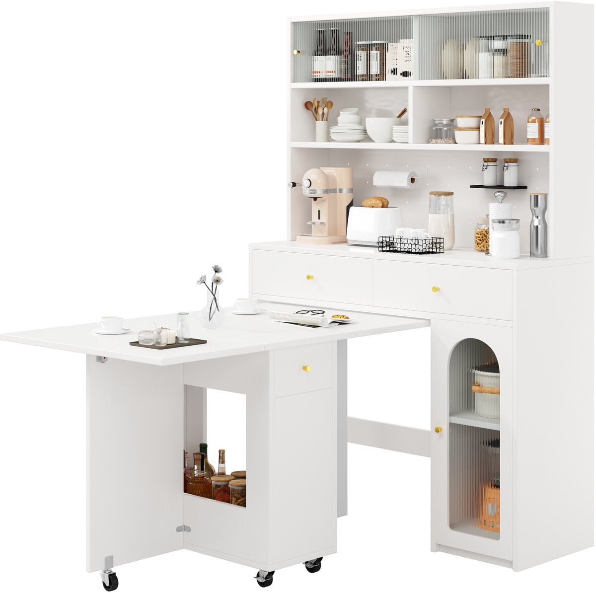 Wishdor Keukenmeubelset met klapbare eettafel, mobiele bartafel en hoge kast met glazen deuren, Wit