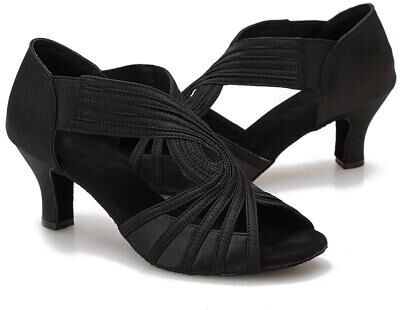 LightInthebox Women's Latin Dance Shoes Nude Satin Open Toe Crisscross Strappy Low Heel Ballroom Shoes for Salsa Rumba Cha Cha Practice, Social Dance Performance