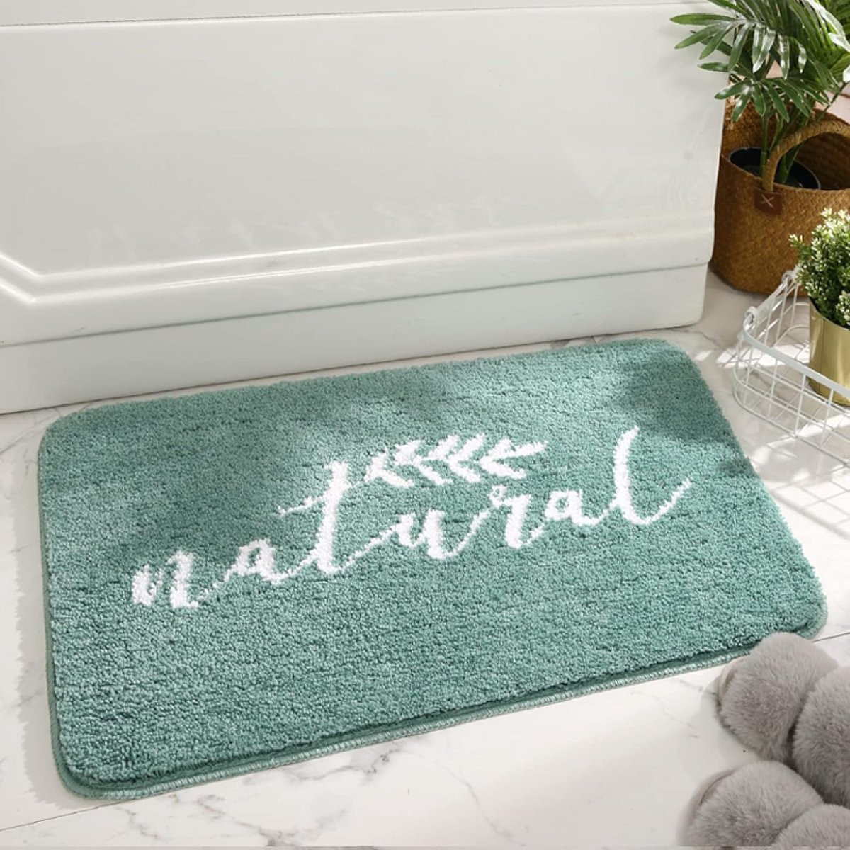 Rechthoekige badkamermat van zachte microfiber in wit groen