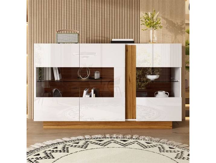 Buffet de cuisine - Sideboard - Buffet Enfilade Blanc - 3 Portes Vitrées Acrylique & Éclairage LED Connecté App Control