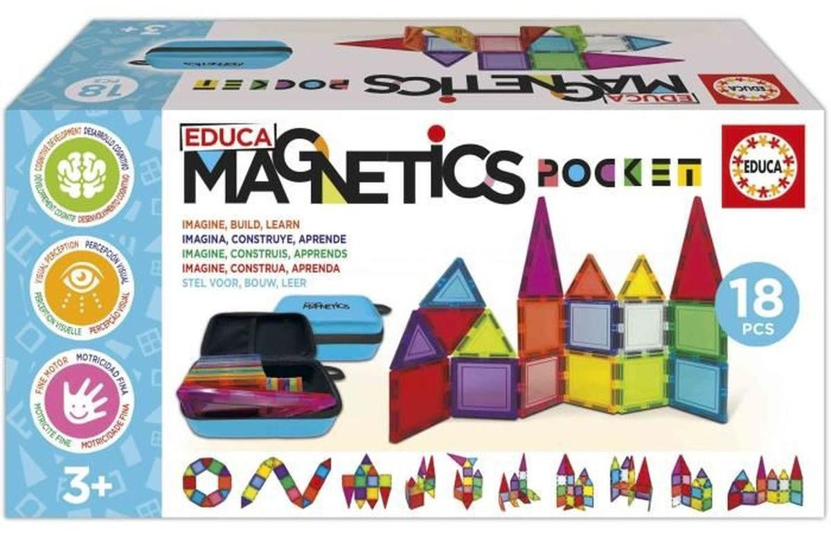 Educa Magnetics Suitcase Constructiespel met 18 magnetische blokken, 2 dieren en 8 kaarten voor kinderen vanaf 3 jaar