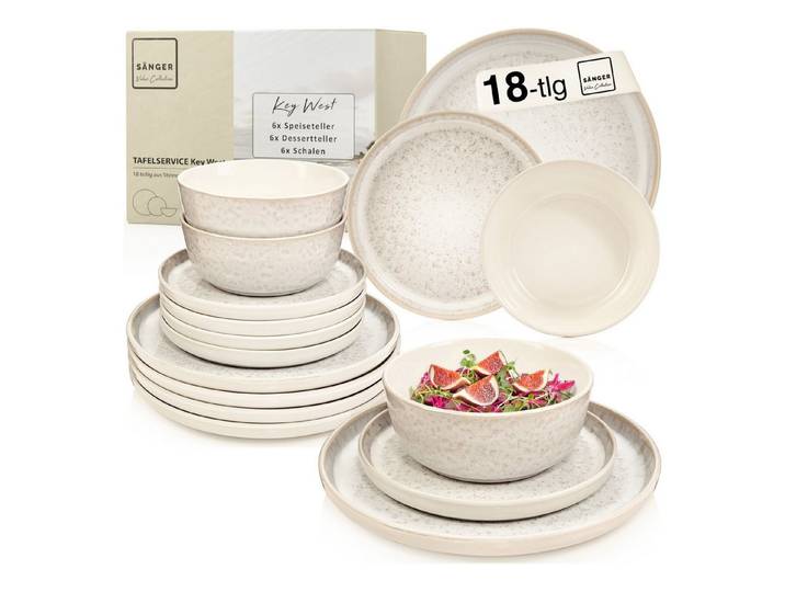 SÄNGER Tafelservice Key West, Creme mit sandiger Maserung (18-tlg), 6 Personen, Steingut, VALUE COLLECTION