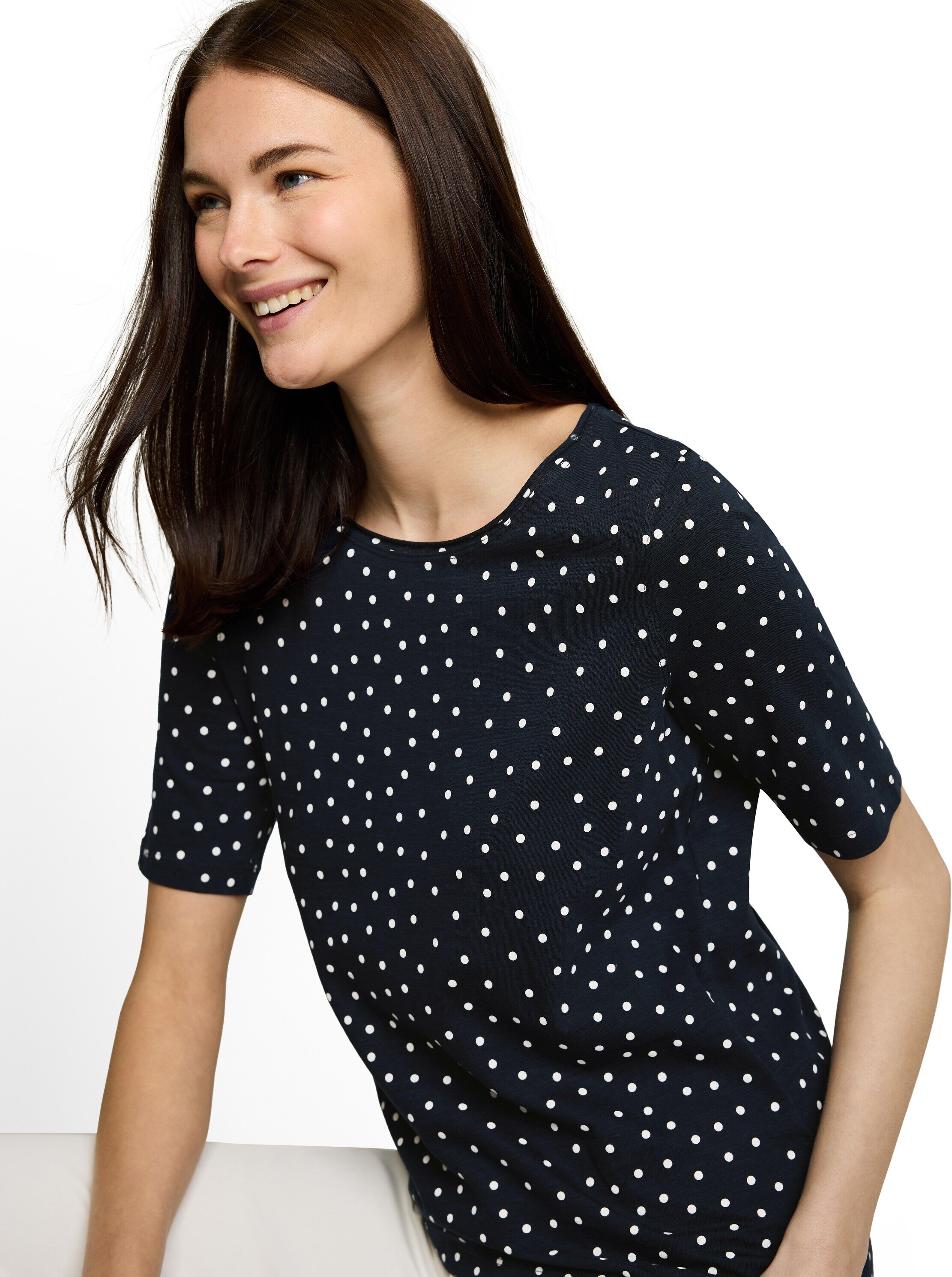 Rundhalsshirt TOM TAILOR, Damen, Gr. S, schwarz-weiss (navy weiß small dot design), Single Jersey, Obermaterial: 100% Baumwolle, gepunktet, regular fit hüftbedeckend, Rundhals, Shirts Rundhalsshirt, Sommershirt mit Punkten navy weiß small dot design S