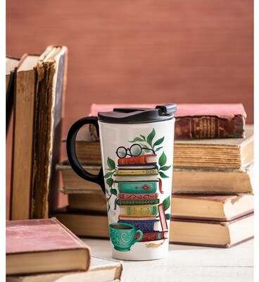Evergreen Ceramic Perfect Travel Cup, 17oz, w/ Gift Box, Books on Books