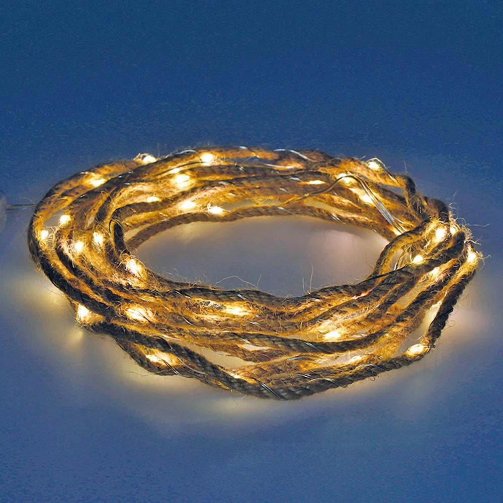 BigBuy Christmas lichtslingering met 50 LED-lampjes op batterijen, jute touw, 500 cm