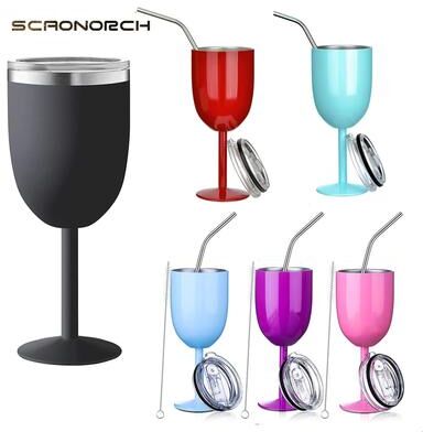 Uplifted Finds 300ML Stainless Steel Double Wall Goblet Wine Glass With Straw And Lid For Coffee Water Or Champagne rose