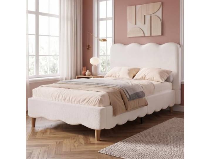 BXEYXE Polsterbett, Einzelbett, Kinderbett 90 x 200cm, Bett mit Lattenrost und Kopfteil, Bettbeine aus Massivholz, gepolstertes Kopfteil, bouclé, Weiß