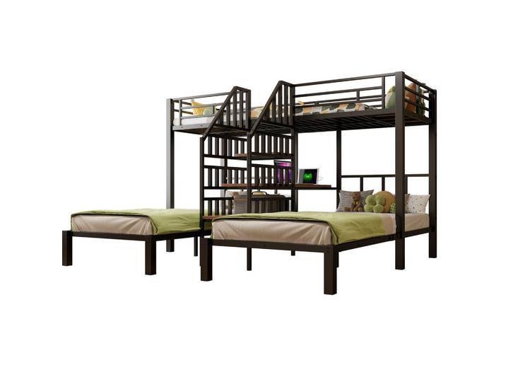Modfu Etagenbett aus Metall und MDF 90x200 cm Schwarz mit Led, Schreibtisch, Stauraumtreppe, Regal, USB und Steckdose, 90x200 cm, Babymöbel & Kindermöbel, Kinderzimmer & Jugendzimmer, Stockbetten